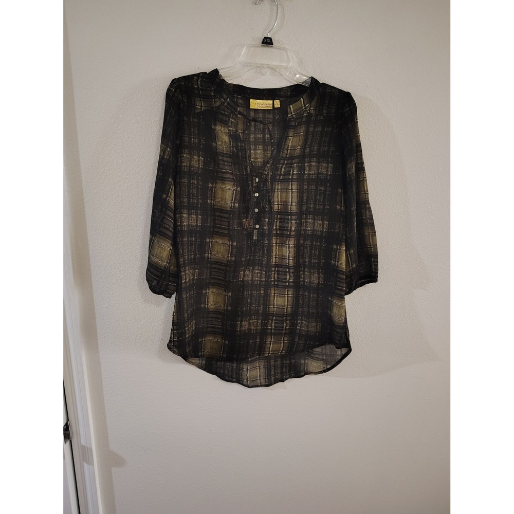 Princess Vera Wang Women Large Olive Green Black Plaid Chiffon Blouse 3/4 Sleeve
